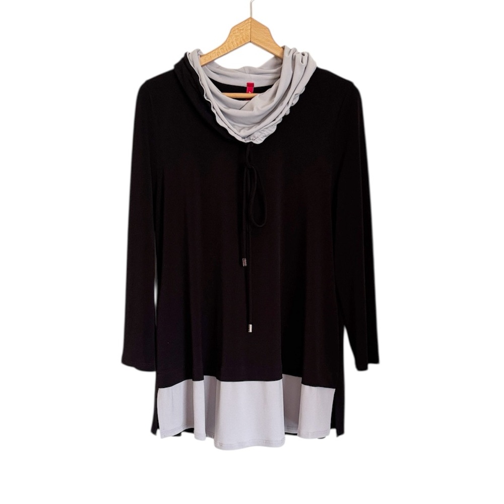 IC By Connie K Black Gray Soft Stretch Knit Long Sleeve Cowl Neck Tunic Top sz L